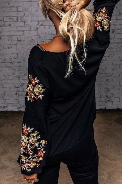 Black Floral Embroidery Long Sleeve Top