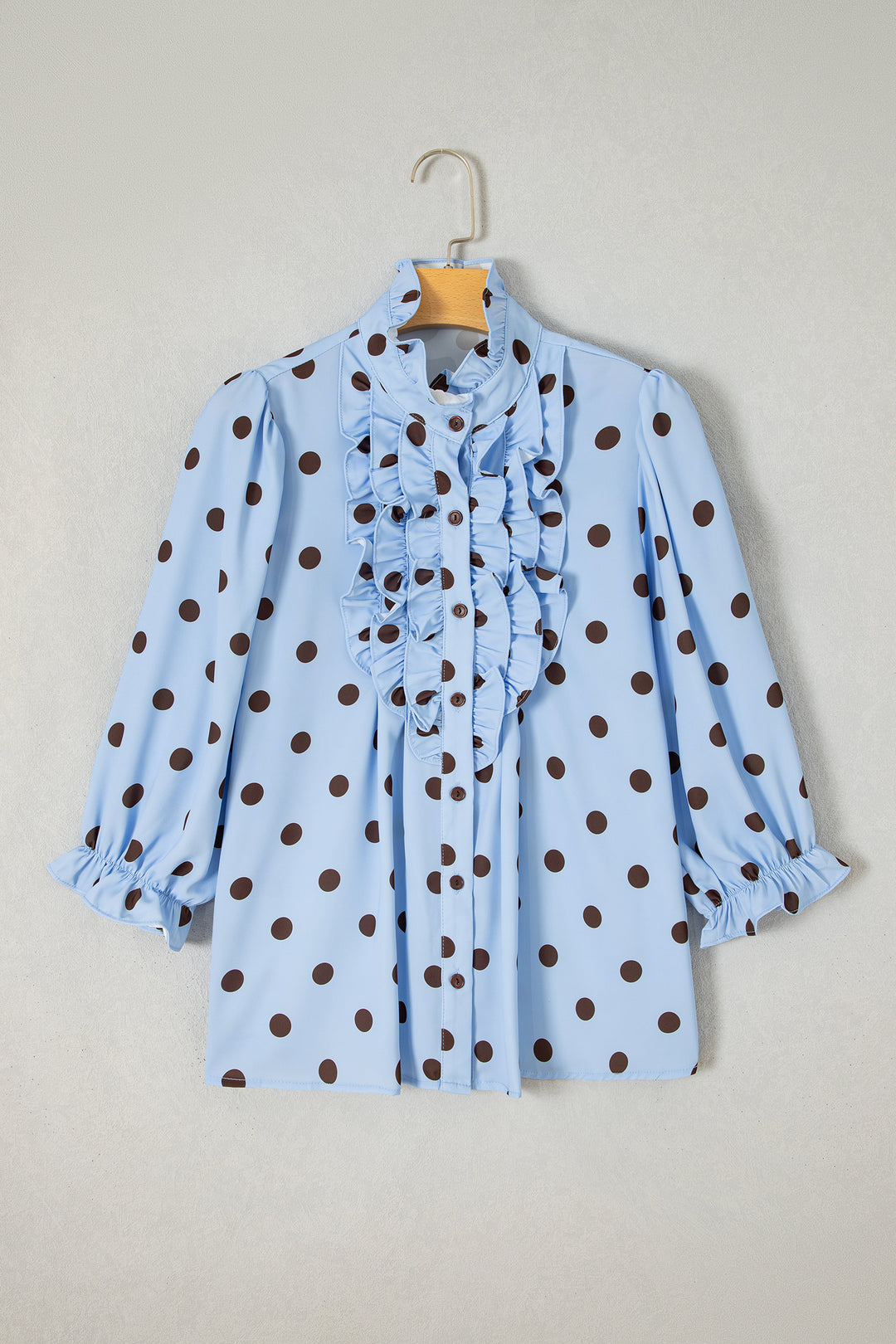 Black white Polka Dot Striped Print Ruffle Stand Neck 3/4 Sleeve Shift Shirt