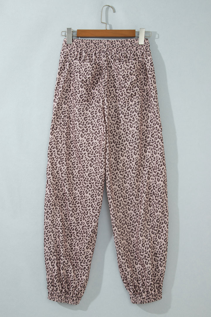 Khaki Leopard Print Elastic Waist Ankle Length Pants