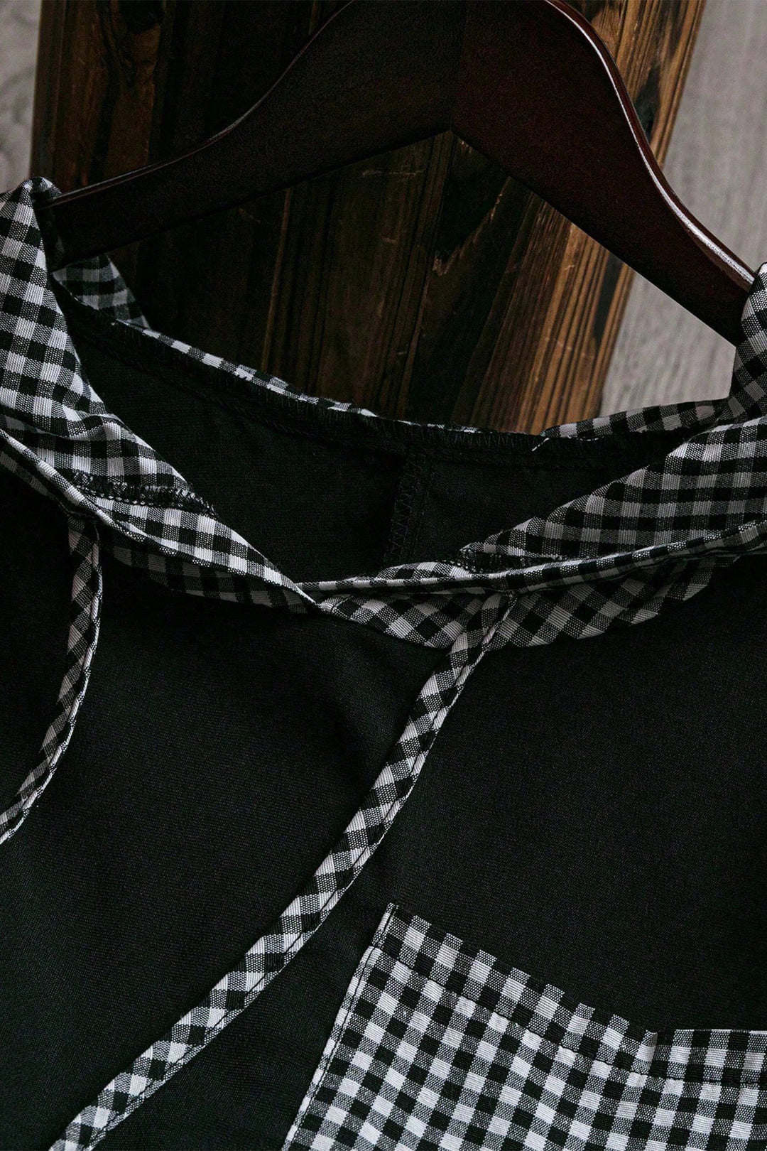 Black Hooded Gingham Paneling Chest Patch Pocket Long Sleeve Plus Size Blouse