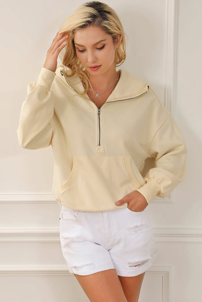 Beige Ribbed Trim Kangaroo Pocket Zipped Hoodie