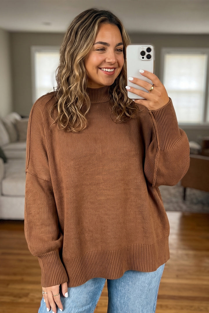 Chestnut Oversized Ribbed Knit Long Sleeve Tunic Plus Size Sweater
