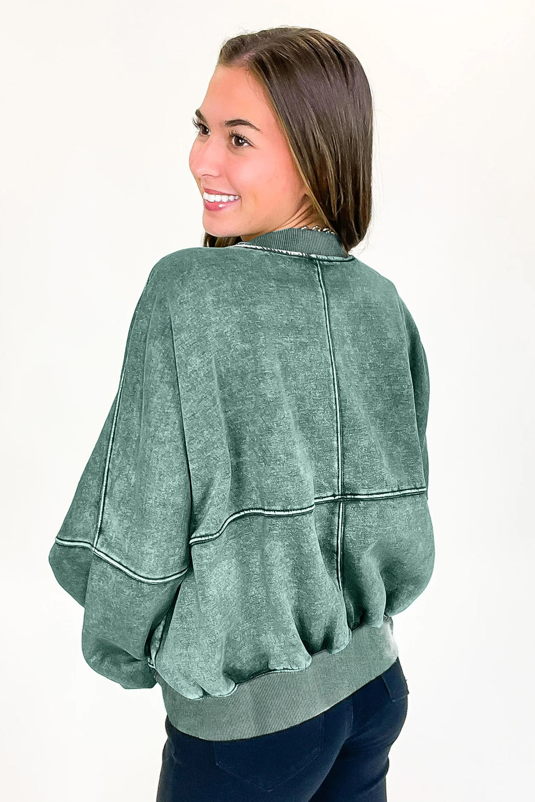 Evergreen Mineral Washed Zip Open-Front Jacket Style Cotton Sweatshirt