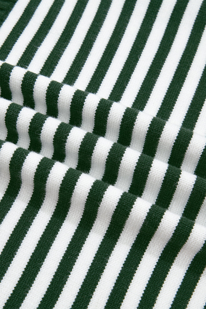 Green Stripe Striped Button Placket Drop Shoulder Long Sleeve Sweater