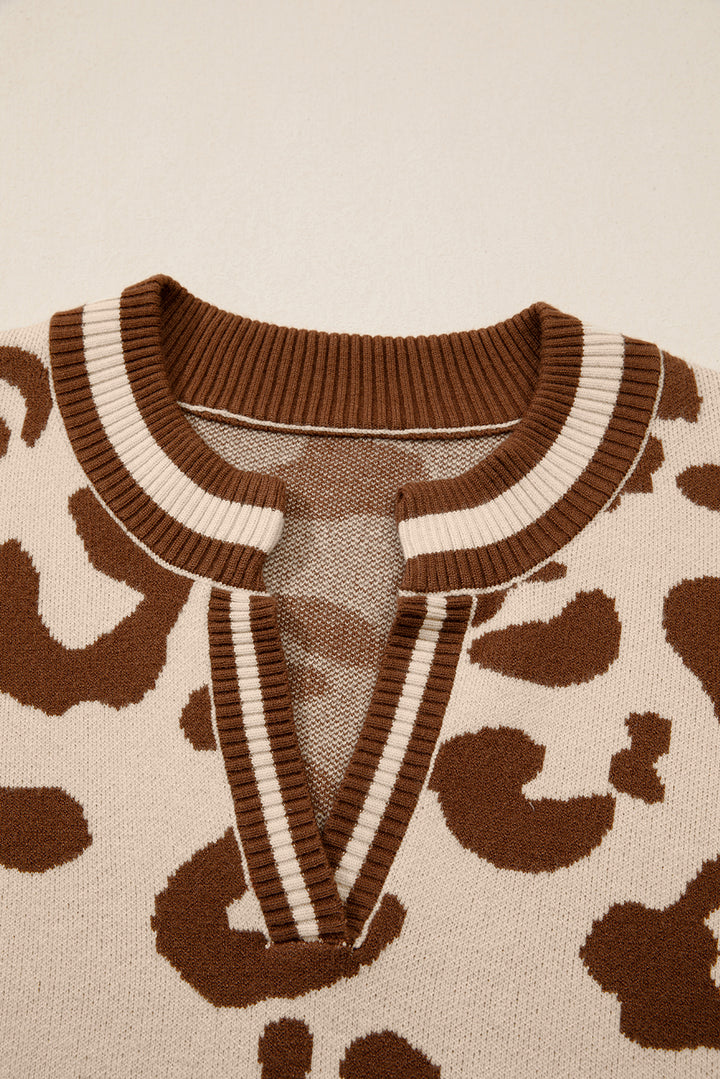 Light French Beige Leopard Printed Knit V Neck Casual Sweater