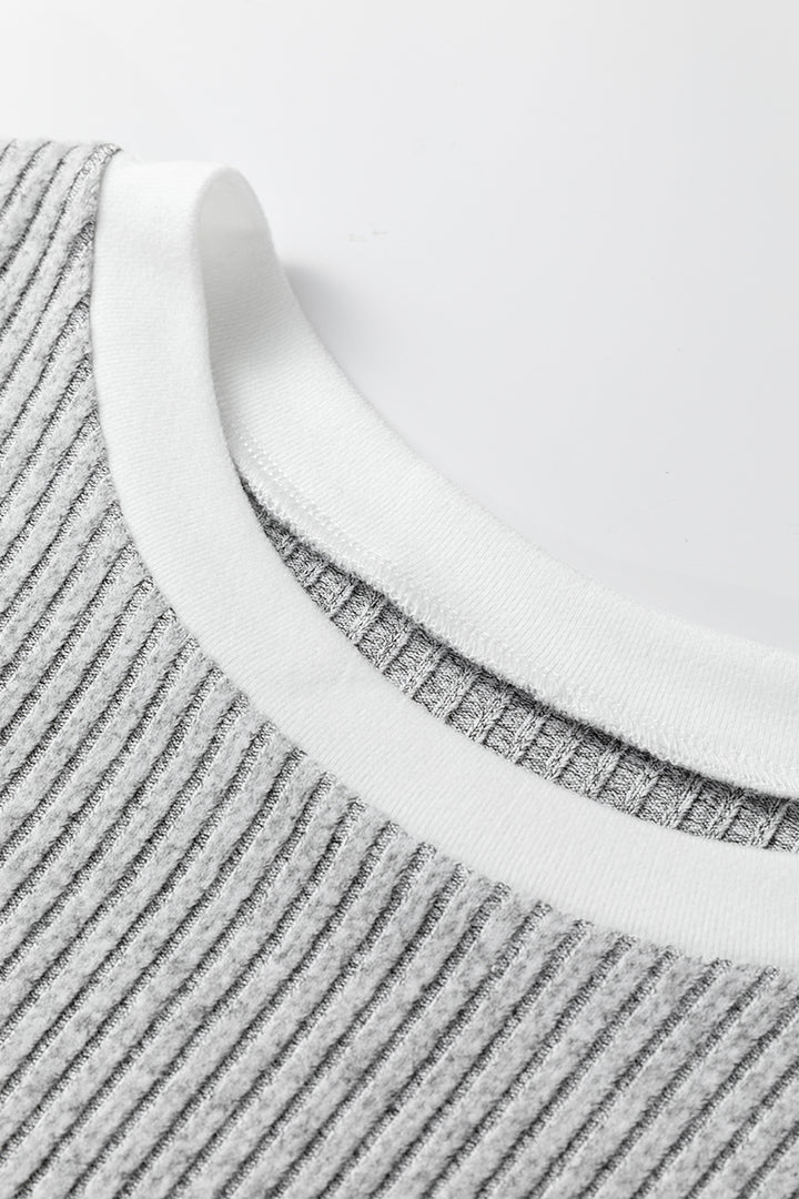 Gray Leopard Print Colorblock Patchwork Ribbed Knit Top