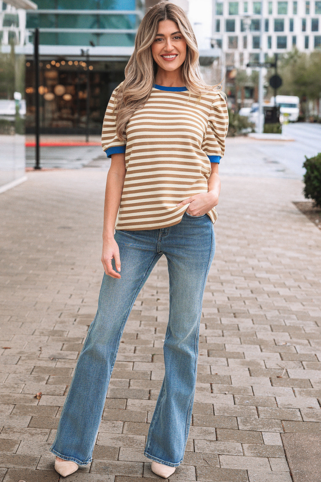 Green Stripe Short Puff Sleeve Contrast Trim Round Neck Tee