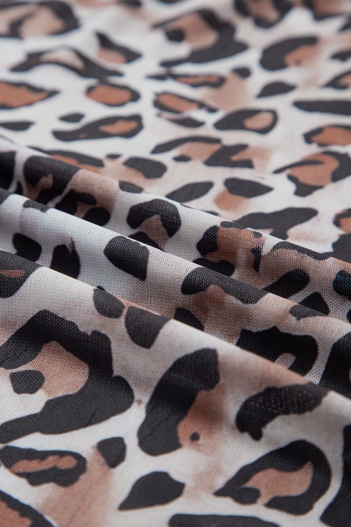 Brown Leopard Mock Neck Mesh Long Sleeve Top