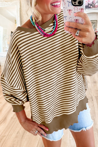 Green Stripe Loose Drop Shoulder Long Sleeve Top