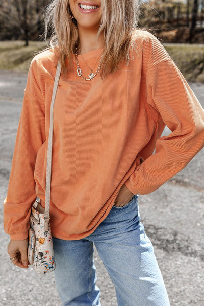 Casual style orange ribbed corduroy oversized sweatshirt