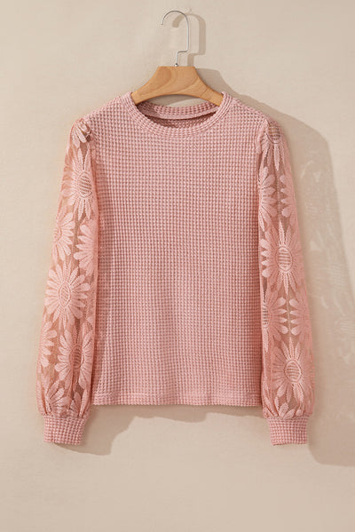 Peach Blossom Sunflower Mesh Bubble Sleeve Waffle Knit Top