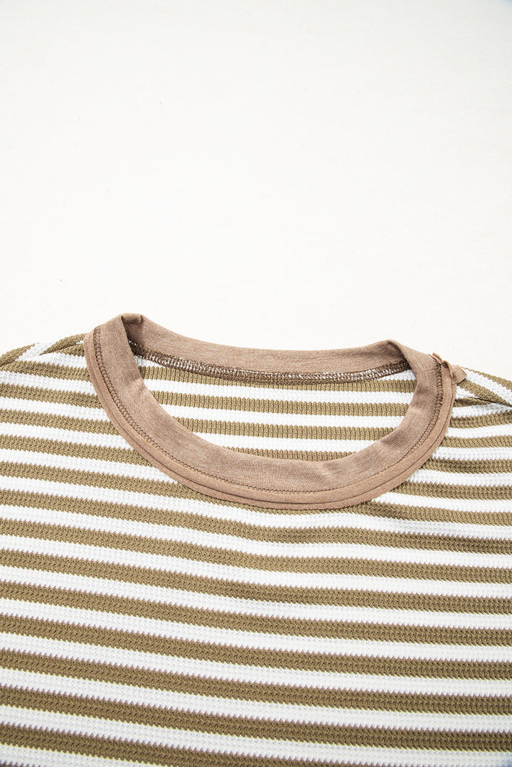 Khaki Stripe Thermal Knit Drop Shoulder Casual Top