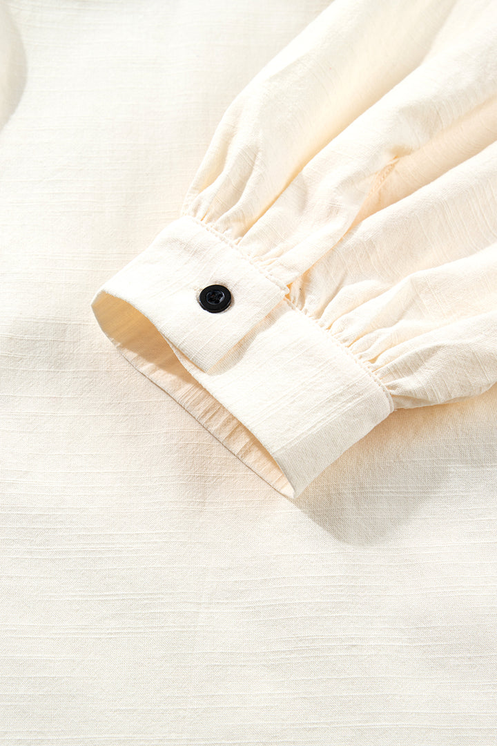 Beige Contrast Color Trim Button Down Long Puff Sleeve Shirt