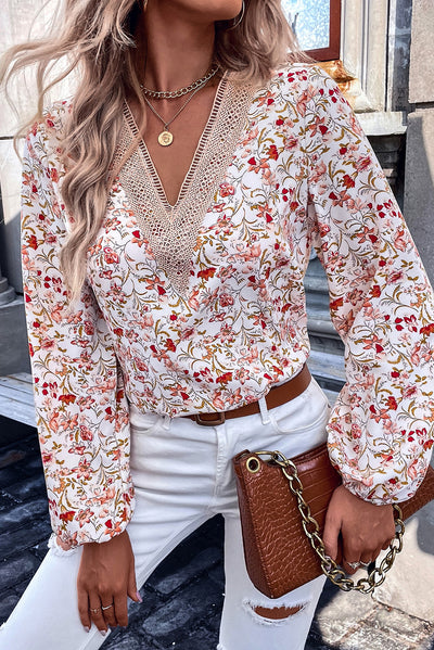 White Floral Long Sleeve Lace V-Neck Blouse