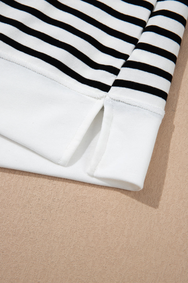 White Stripe Color Block Long Puff Sleeve Metal Zip-Up Collar Top