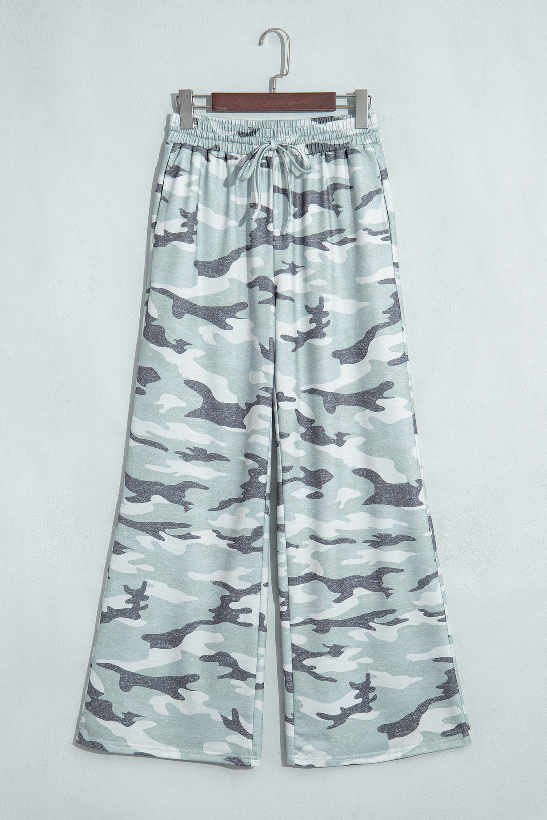 Green Camo Wide Leg Tie Elastic Waist Casual Pants