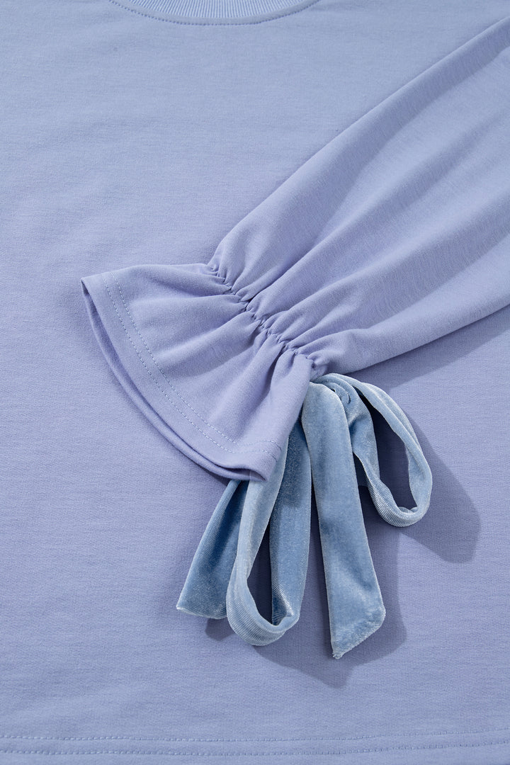 Beau Blue Flounce Long Sleeve Top Drawstring Pants Contrast Velvet Bow Knot 2pcs Lounge Set