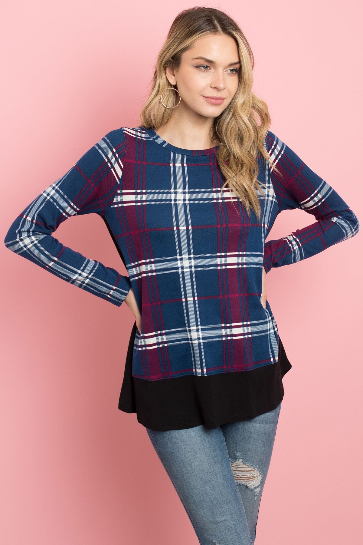 Solid Hem and Side Contrast Plaid Top