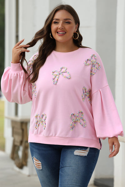 Parchment Embroidered Bow Lantern Sleeve Oversized Pullover Sweatshirt