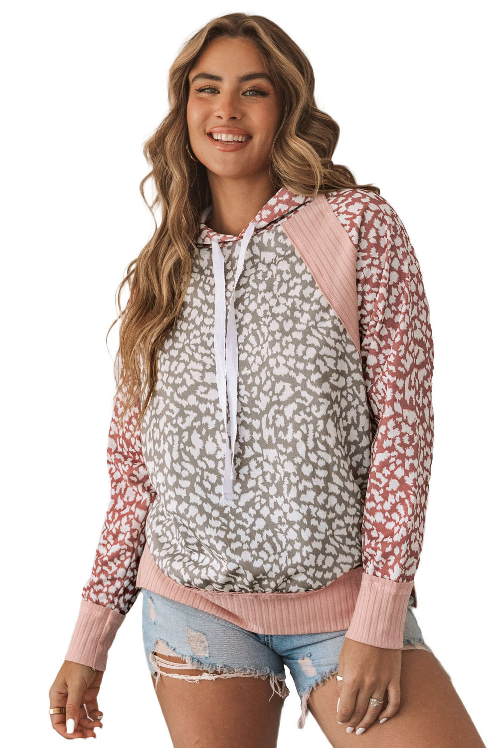 Pink Leopard Long Sleeve Hooded Sweatshirt