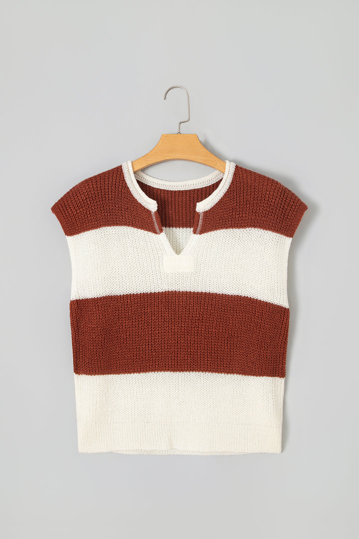 Brown Stripe Striped Colorblock Knit V Neck Short Sleeve Loose Sweater
