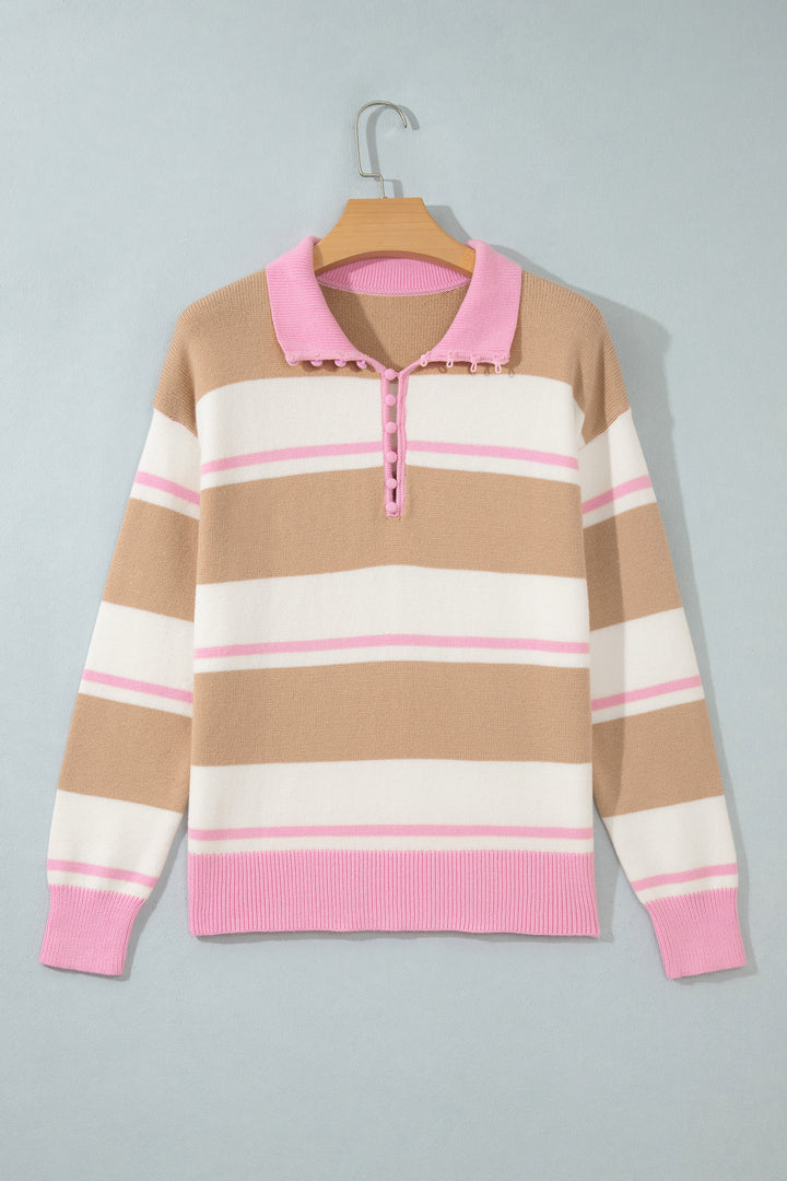 Khaki Stripe Striped Drop Shoulder Button Placket Long Sleeve Sweater