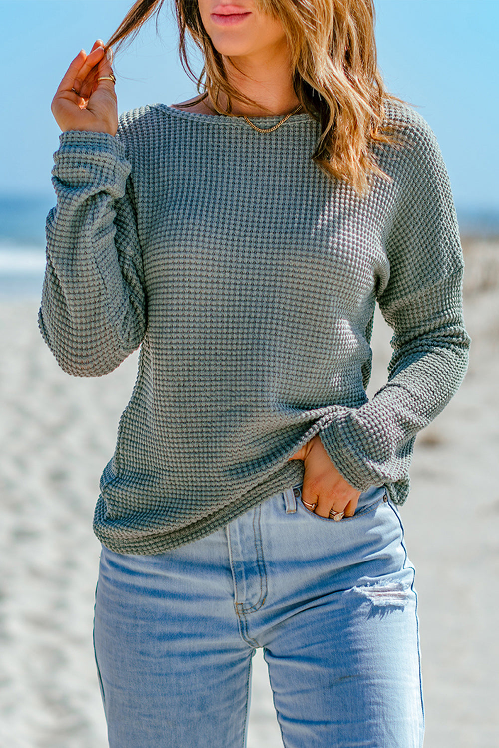 Green Waffle Knit Drop Shoulder Long Sleeve Top