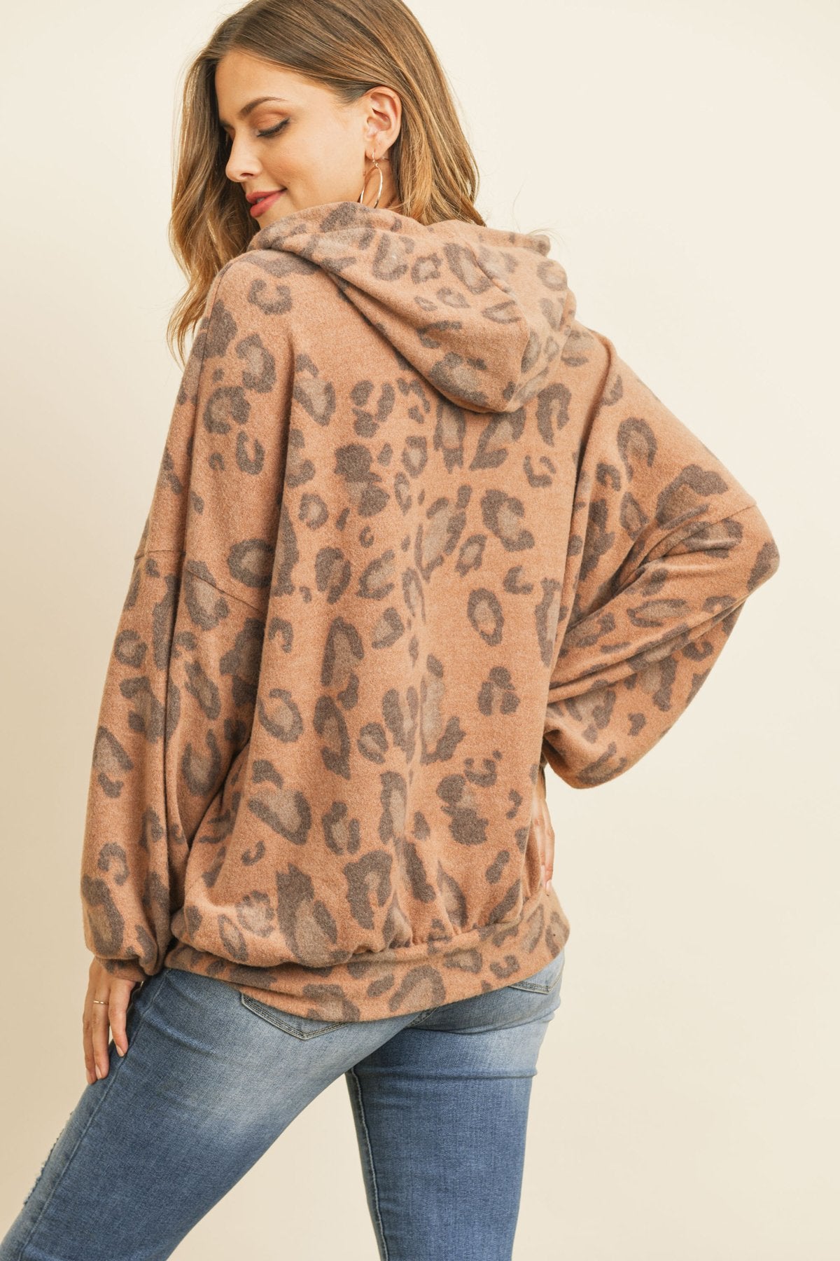 Leopard Brushed Hacci Puff Sleeved Hoodie With Drawstrings