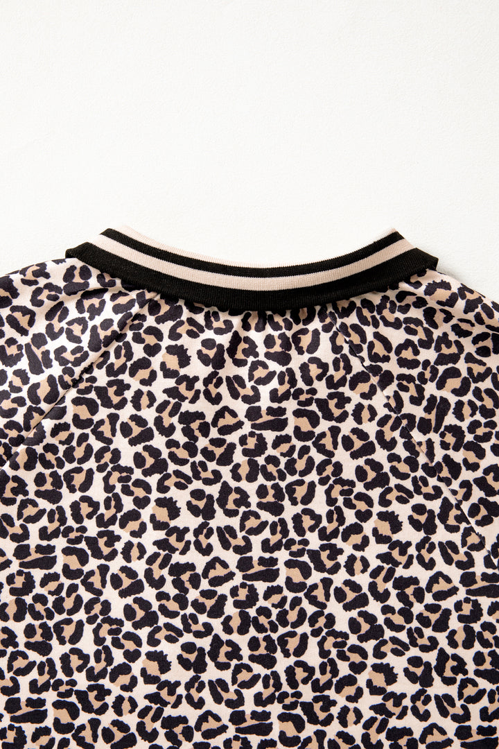 Brown Leopard Print Half Zip Striped Trim Patchwork Short Sleeve Top