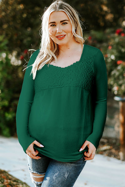 Green Lace Crochet V Neck Long Sleeve Top