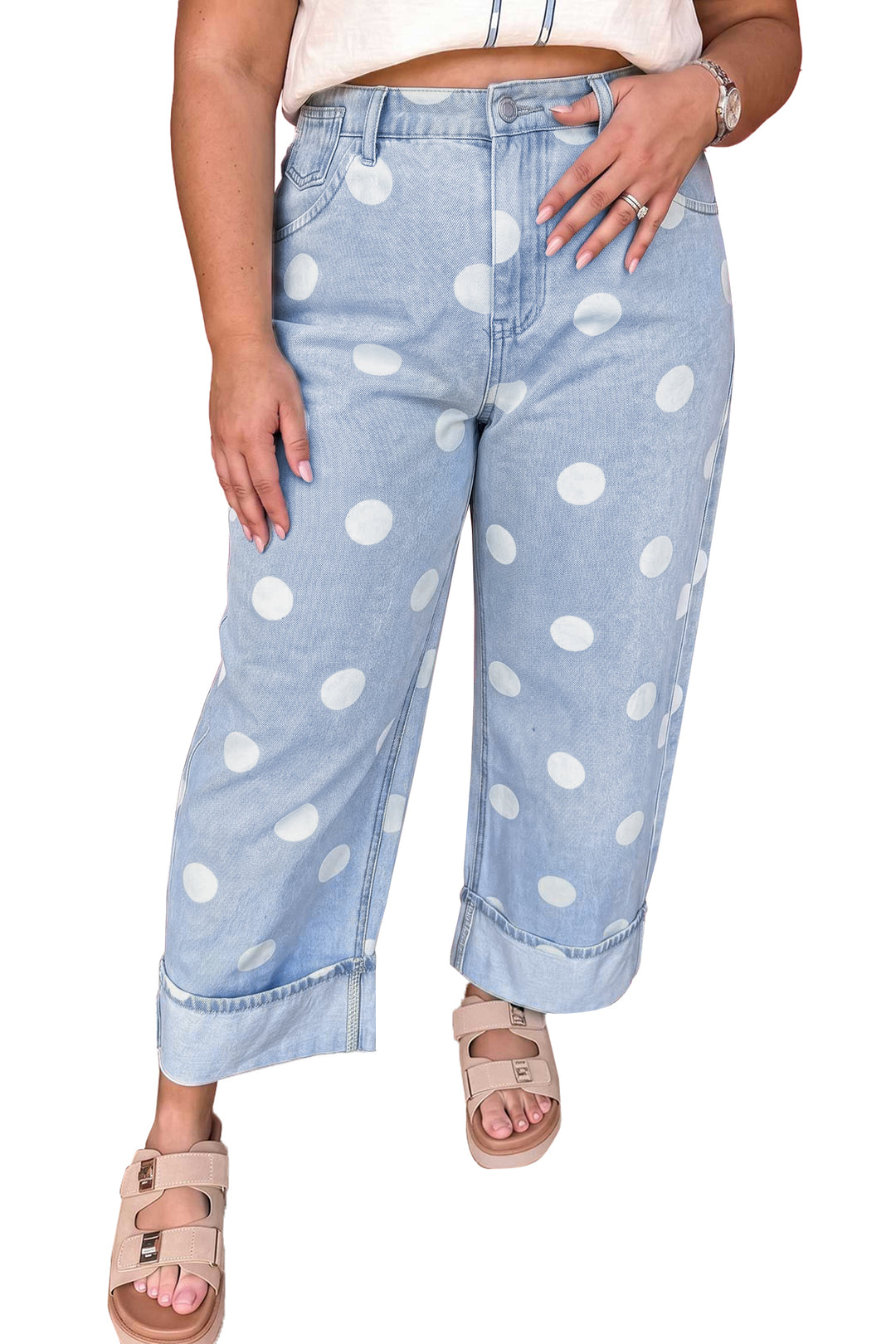 Sky Blue Polka Dot Full Length Regular Fit Plus Size Jeans