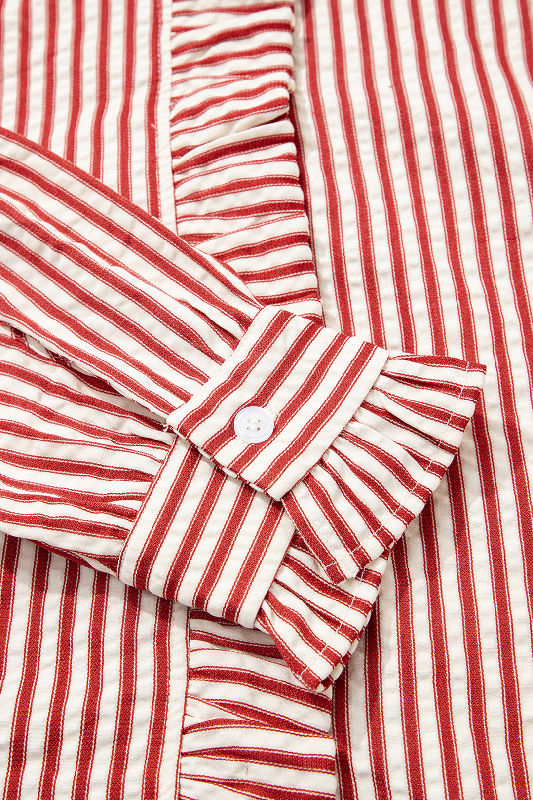 Red Stripe Textured Ruffle Trim Button-Up Long Sleeve Shirt