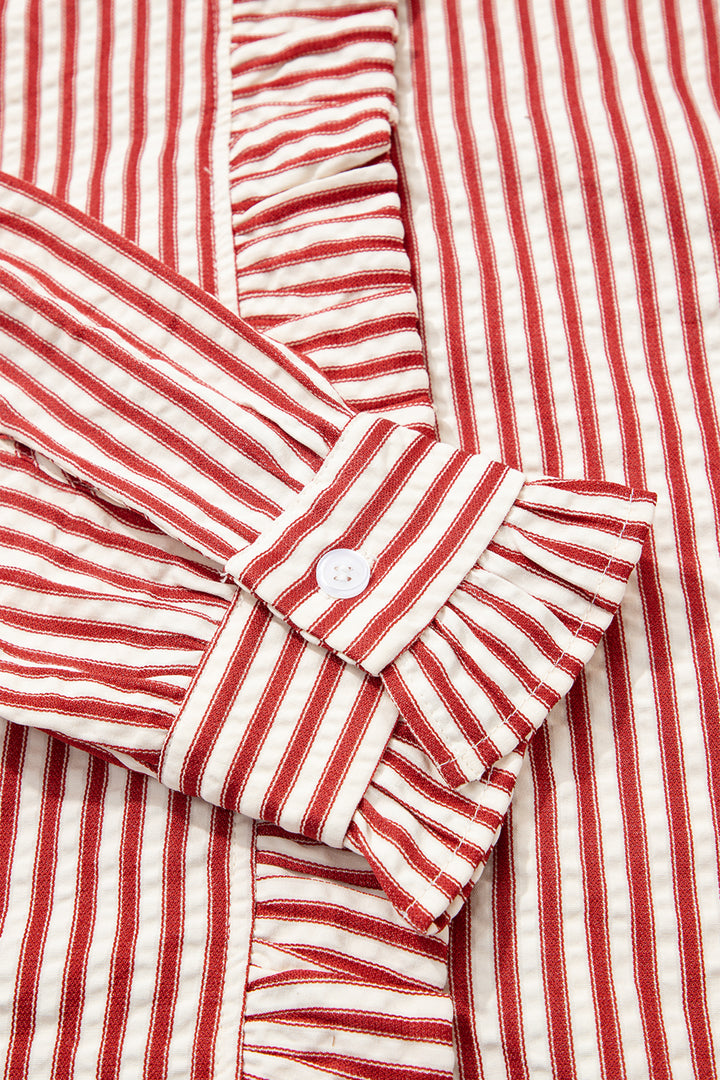 Red Stripe Textured Ruffle Trim Button-Up Long Sleeve Shirt