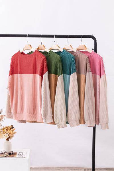 Green Color Block Long Sleeve Ribbed Loose Top