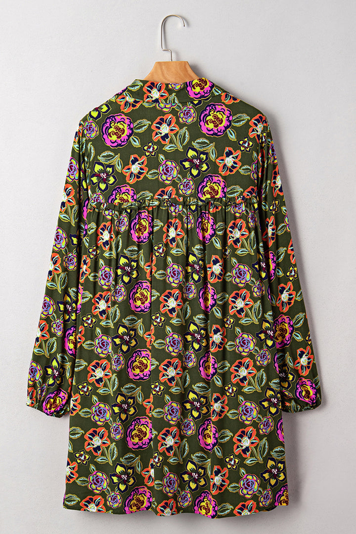 Green Plus Size Floral Print Collared V Neck Loose Mini Dress
