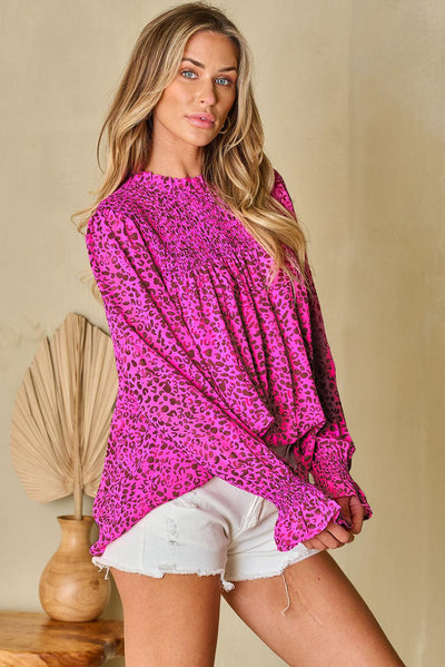 Rose Leopard Shirred Puff Sleeve Flowy Blouse