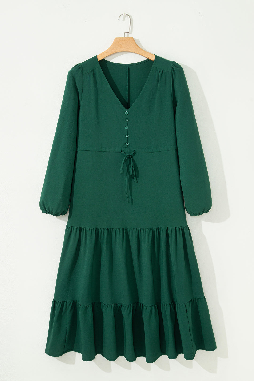 Blackish Green Solid Long Sleeve Button V Neck Tiered Maxi Dress
