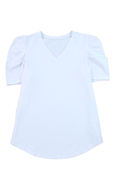 White Puff Sleeve V-Neck T-Shirt