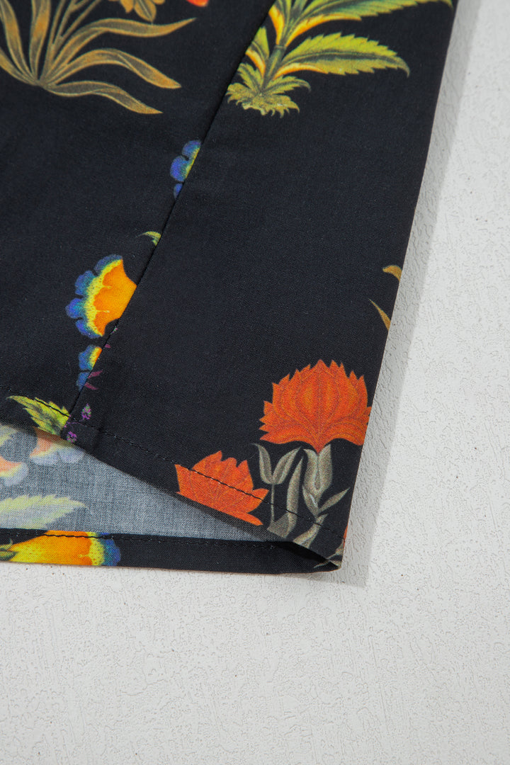 Black Floral Print Lace Trim Frilled V Neck Short Sleeve Shirt