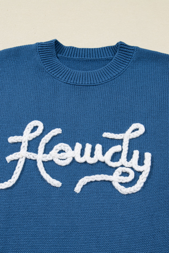Dusk Blue Howdy Embroidered Graphic Western Sweater