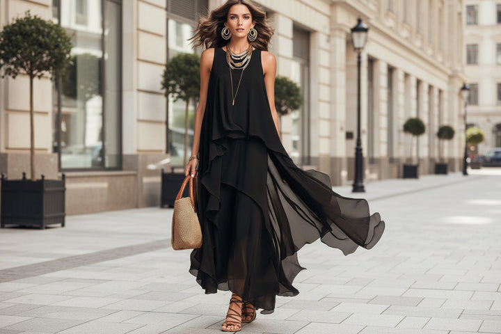 Asymmetrical Ruffle Mesh Chiffon Sleeveless Maxi Dress – Black, XS–XXL