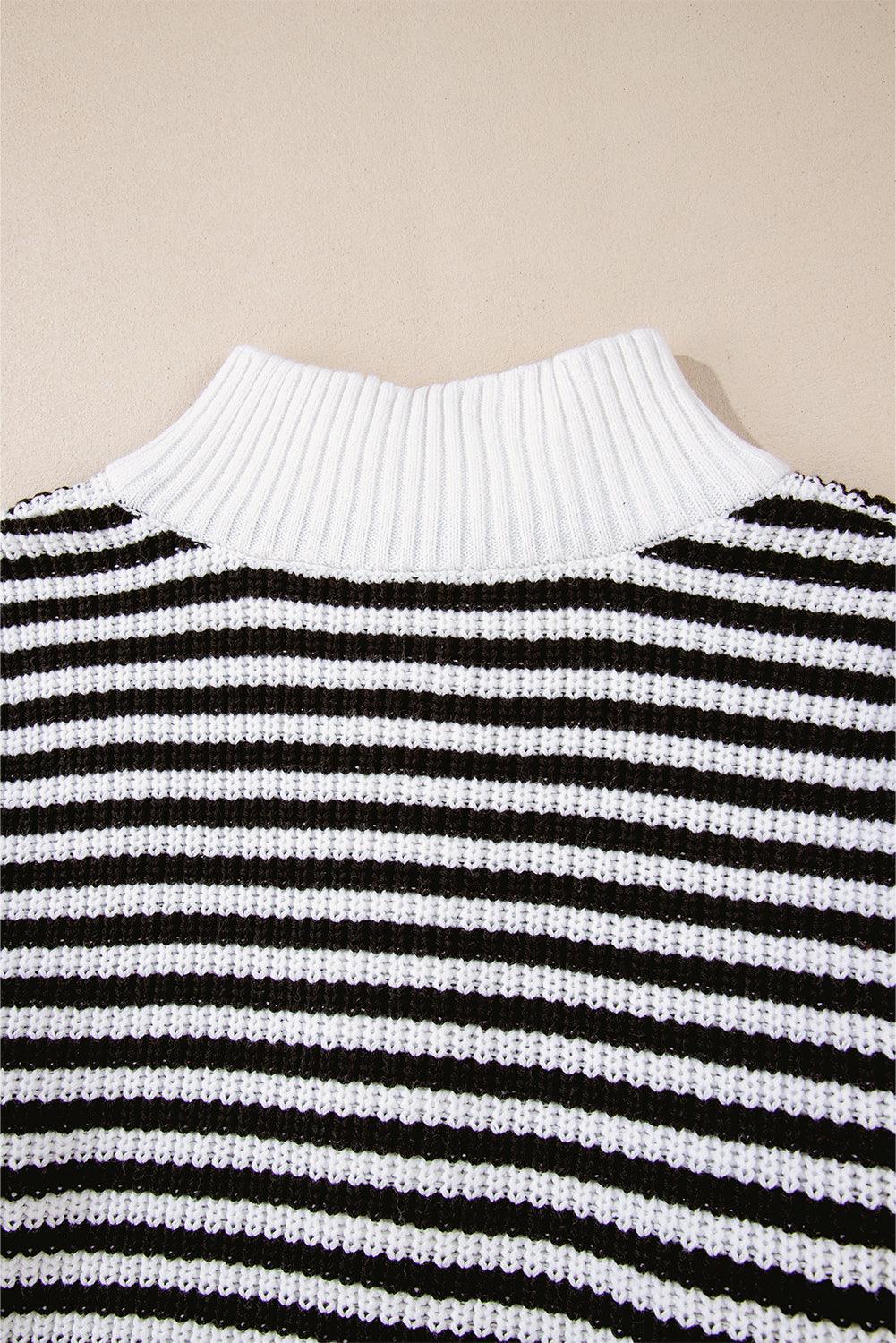 Black Stripe Zip up Collar Drop Shoulder Sweater