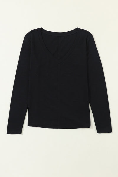 Black V Neck Center Seam Long Sleeve Tee