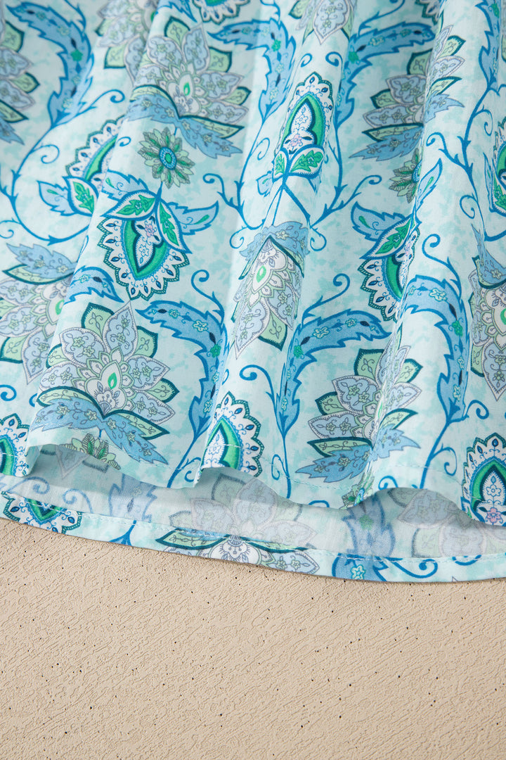 Sky Blue Paisley Print Puff Sleeve Loose Shirt