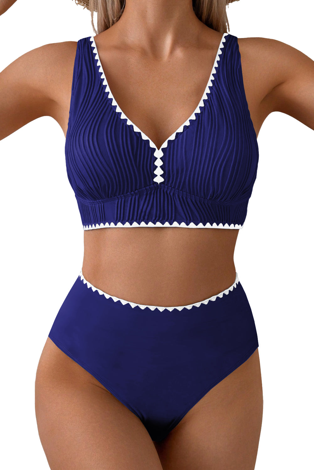 Dark Blue Shell Stitched Trim V Neck Textured Mix and Match High Waist Bikinis