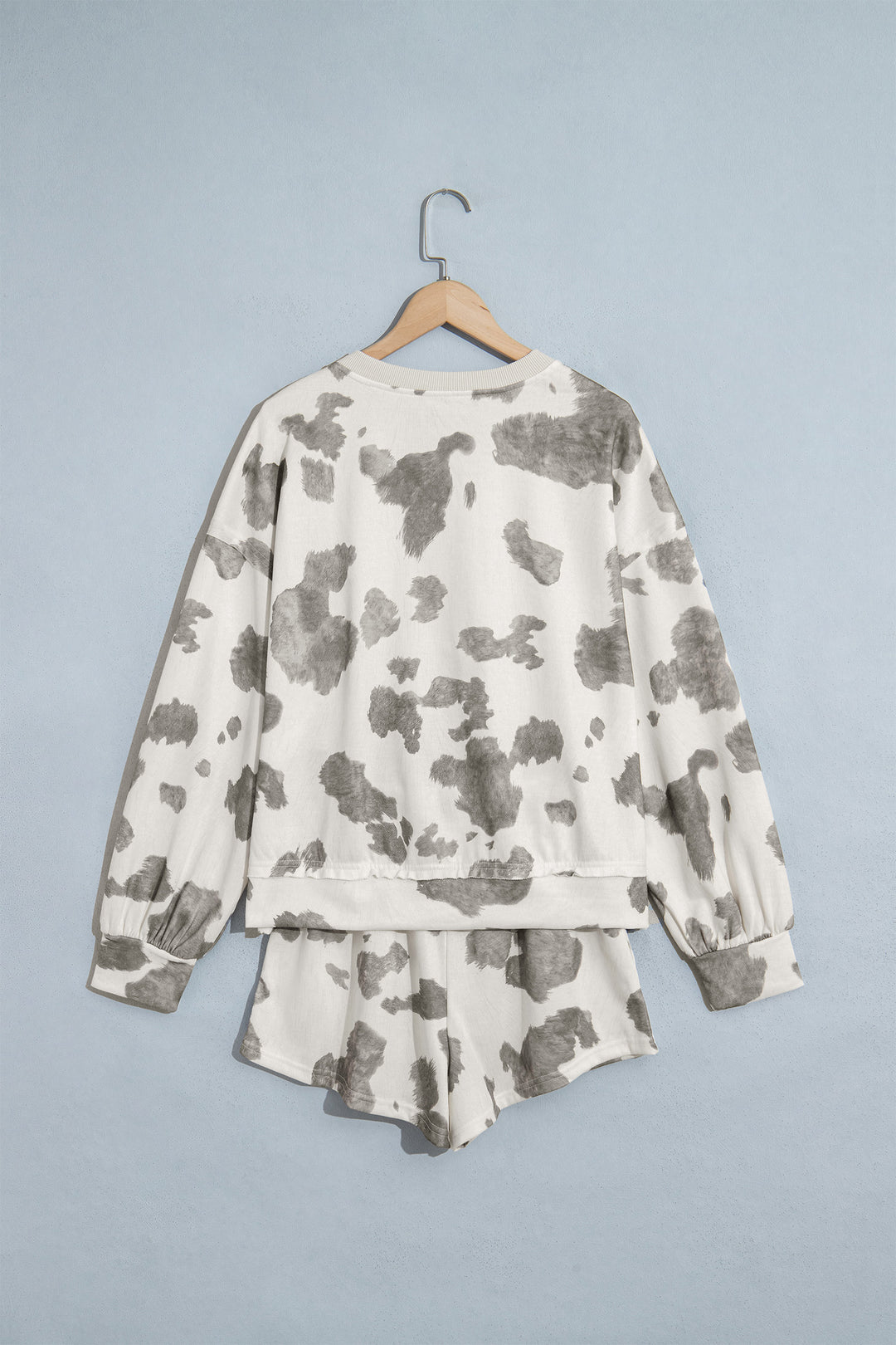 Gray Western Print Raw Hem Long Sleeve Top Drawstring Shorts Set