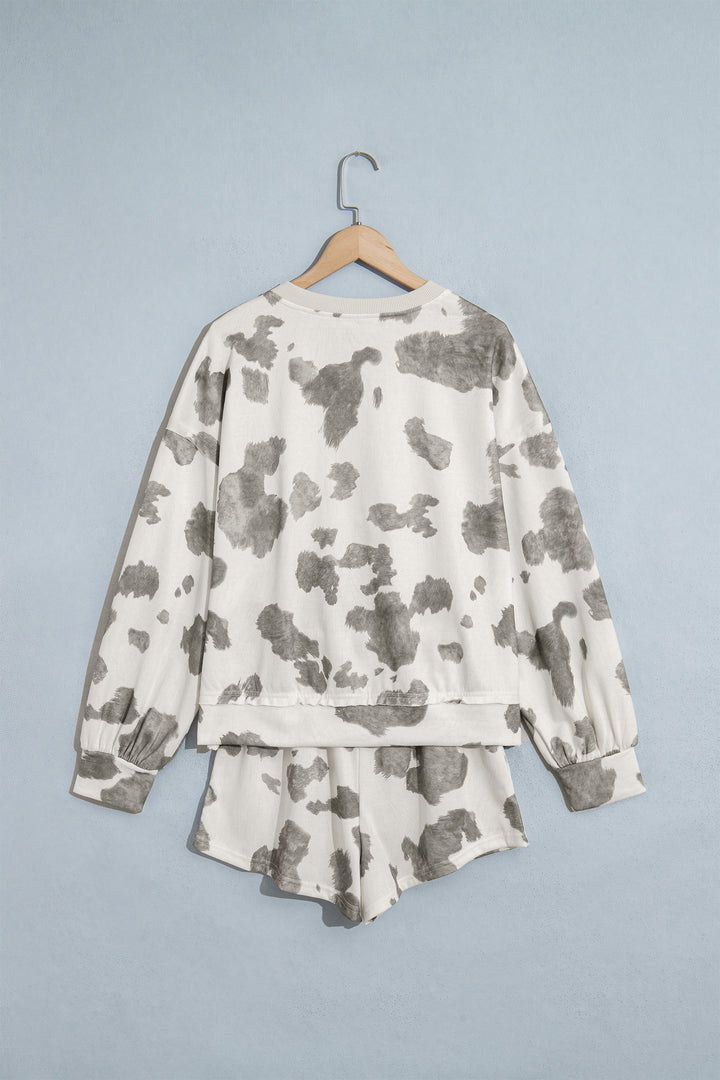 Gray Western Print Raw Hem Long Sleeve Top Drawstring Shorts Set