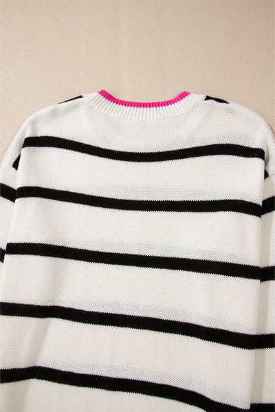 White Stripe Color Contrast Drop Shoulder Crew Neck Sweater