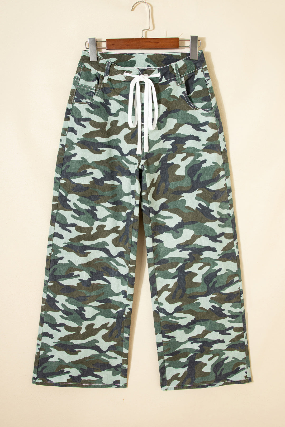 Green Camouflage Print Wide Leg Drawstring Denim Pants
