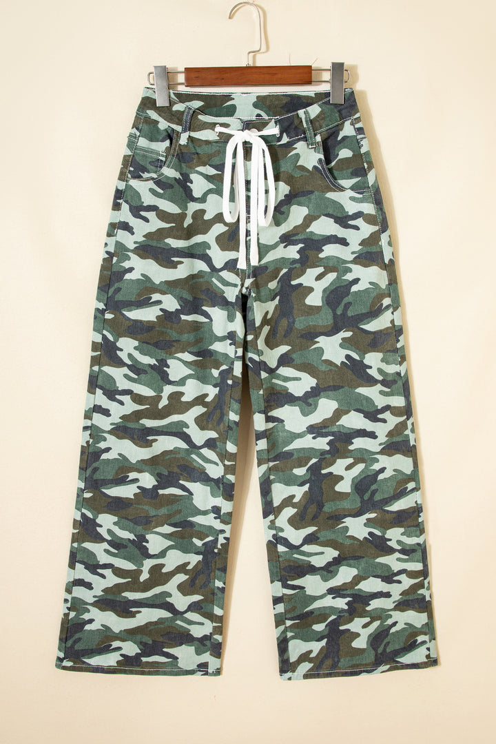 Green Camouflage Print Wide Leg Drawstring Denim Pants